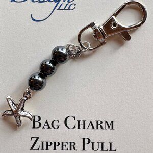 Silver Bag Charm with Hematite Beads | Zipper Pull Accessory